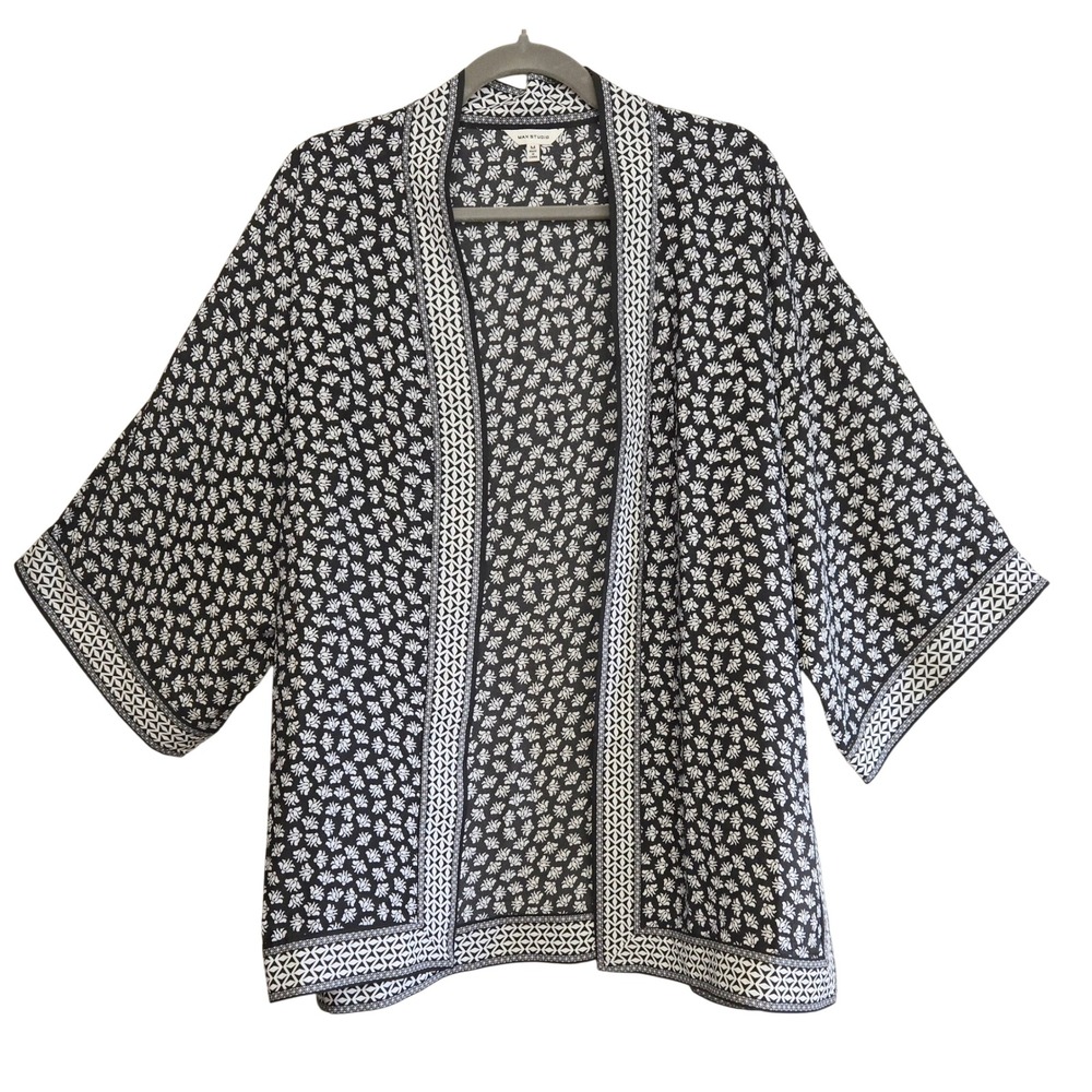 Max Studio Womens M Boho Chic Black White Floral Kimono Cardigan Open Front Wrap